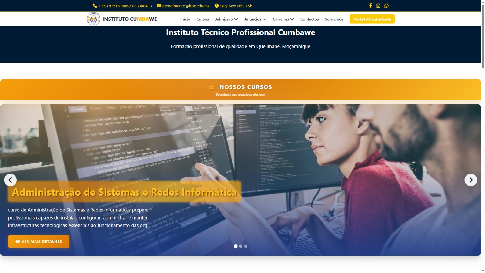 O website do Instituto Técnico Profissional Cumbawe